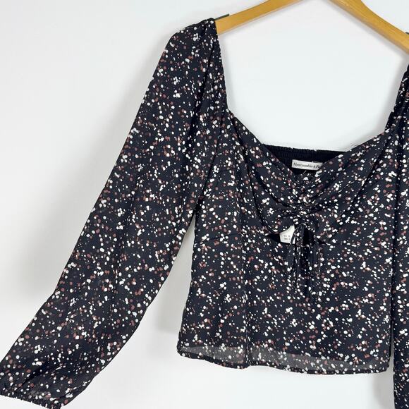 Abercrombie & Fitch Womens Dotted Tie Front Smocked Top Medium Black - Picture 5 of 14
